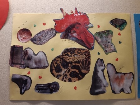 kuvassa Hillevi-hiiren eläinystävien kuvia, koita,kana, kissoja, käärme ja strutsi