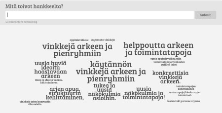 Kuva sanapilvestä johon kerätty henkilökunnan toiveita
