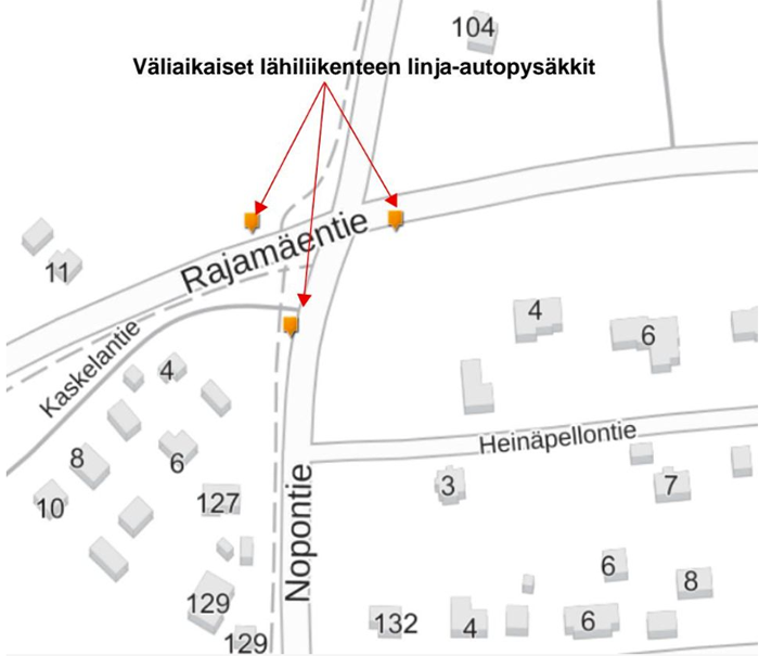 Karttakuva väliaikaisista linja-autopysäkeistä.
