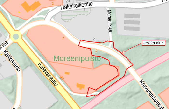 Kartta Kravunarkunkadun työmaa-alueesta.
