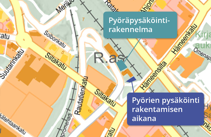 Kartta pyöräpysäköinnistä työalueesta.
