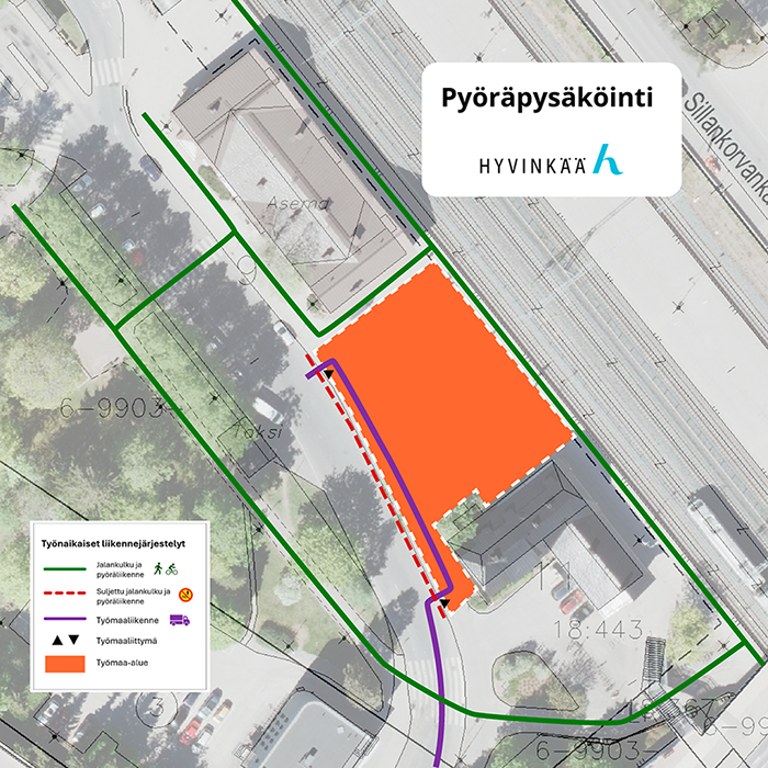 Pyöräpysäköintihankkeen liikennejärjestelyt kartalla.