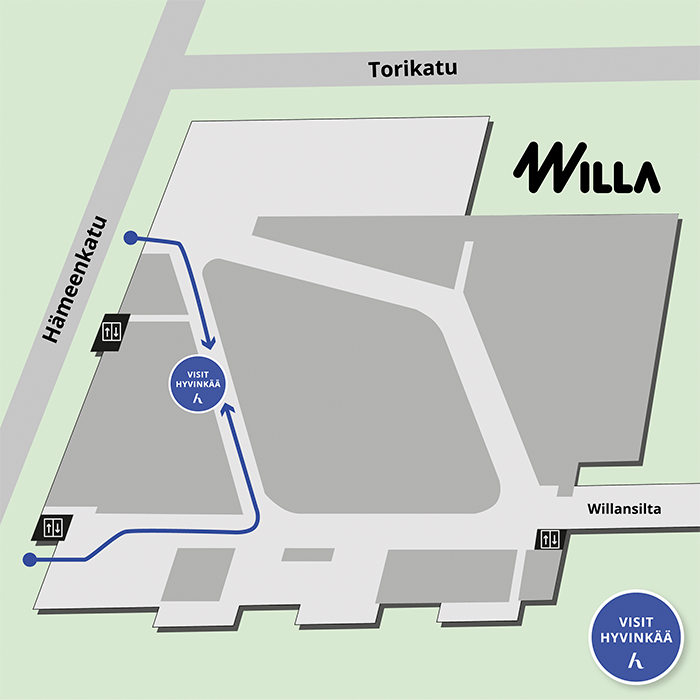 VisitHyvinkään lähestymiskartta kauppakeskus Willassa.
